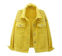 LifeShe Women's Embroidered Pearls Beading Denim Jean Jacket Coat - yellow - XL