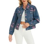 LifeShe Women's Jean Jacket Floral Button Up Cropped Denim Jackets Western Outfit With Pockets, Deep Blue, XL
