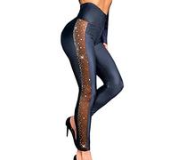 LifeShe Women's Leggings Pants Faux Leather y2k High Waisted Patchwork Rhinestone Skinny Bottoms, Black B, Large