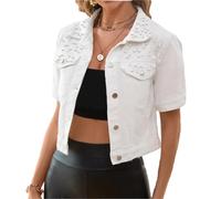 LifeShe Women's Pearls Denim Jacket Casual Short Sleeve Cropped Jean Jackets Coats, White, Large
