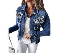 LifeShe Women's Pearls Denim Jacket Cropped Rhinestones Jean Blazer Coat, Blue, L