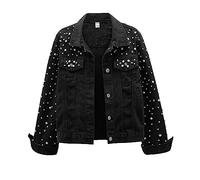 LifeShe Women's Pearls Denim Jacket Cropped Rhinestones Jean Jacket Coat, Black, L