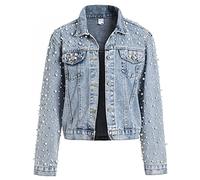 LifeShe Women's Pearls Denim Jacket Cropped Rhinestones Jean Jacket Coat, Blue, XXL