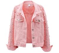 LifeShe Women's Pearls Denim Jacket Cropped Rhinestones Jean Jacket Coat, Pink, XL