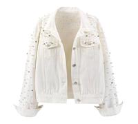 LifeShe Women's Pearls Denim Jacket Cropped Rhinestones Jean Jacket Coat, White, XL