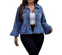 LifeShe Women's Peplum Denim Jackets Turn Down Collar Button Down Plus Size Cropped Ruffle Hem Coat, Light Blue, Small