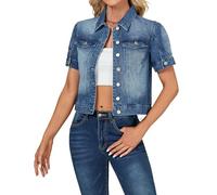 LifeShe Women's Puff Short Sleeve Denim Jacket Colored Cropped Jean Jacket Crop Trucker Coat, Deep Blue, Small