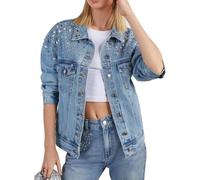 LifeShe Women's Rhinestone Denim Jacket Casual Long Sleeve Jeans Trucker Jacket Coat, Blue, XL
