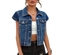 LifeShe Women's Short Sleeve Denim Jacket Cropped Cap Sleeve Jean Jackets Vest, Deep Blue, L