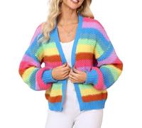 LifeShe Women's Striped Cardigan Sweater Open Front Color Block Chunky Knit Sweaters Coats, Rainbow, XXL