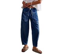 LifeShe Women's Wide Leg Baggy Jeans Elastic Low Rise Barrel Jean Loose Boyfriend Denim Pants with Drawstring Deep Blue, X-Large, Blue