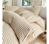 LifeTB Queen Comforter Set Tan Gingham Comforter Modern Style Beige Plaid Comforter Set 3 Pieces Fluffy Grid Checkered Comforter with 2 Pillowcases Boho Gingham Bedding Set Queen Size