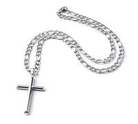 Lifetime Bling 14K Figaro White Gold Cross Flat Chain Necklace Gift For Men, Women, Husband, Wife Diamond-cut Religious Curb cross. 5MM Cuban link Necklace