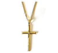 LIFETIME BLING 18K Gold Chain Cross Pendant Necklace for Men, Women 3MM Cuban Curb Chain w/real strong Solid Clasp gift for husband, wife Religious Beveled Edges (24)