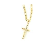 LIFETIME BLING 24K Figaro Gold Cross Crucifix Necklace Pendant Charm with 3MM Rope Chain Gift for Men Women Husband Wife Baptism Religious w/real strong Solid Clasp Fashion Jewelry (24)