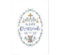 Lifetime Samplers & Decorative Textiles Christening Card with a Delicate Blue Border and Beads - Complete Cross Stitch kit on 16 aida