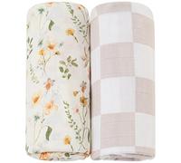 LifeTree Manta de musselina para bebês meninas, pacote com 2 cobertores grandes de algodão de bambu (119,3 cm x 119,3 cm), xadrez floral e rosa empoeirado