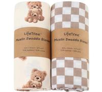 LifeTree Muslin Swaddle Blankets Neutral, Baby Swaddling Wrap Nursery Receiving Blanket for Boys & Girls Unisex, Soft Viscose from Bamboo Cotton, Large 47 x 47 inches, Bear & Checkered Coffee