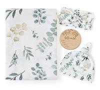 LifeTree Newborn Swaddle Set with Matching Hat and Headband Bow, Wooden Birth Announcement Card, Muslin Baby Swaddle Blankets for Boys & Girls, Eucalyptus Pattern