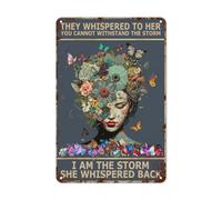 LifeWheel Retro Metal Sign for Wall Art Decor - Boho and Hippie Style - Funny Bathroom, Garden and Gift - Inspiring Farmhouse Design - 'I Am The Storm' - 12x8 Inches Flower Woman Whispering Back