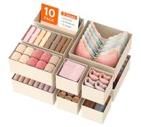 Lifewit 10 Pack Drawer Organiser, Collapisble Fabric Chest of Draw Dividers for Closet, Dresser, Nursery, Bedroom, Foldable Cube Boxes for Clothes, Pants, Underwear, Sock, Bras Organization, Khaki