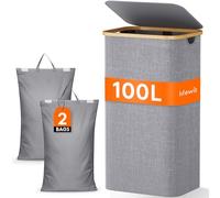 Lifewit 100L Laundry Basket with Lid 2 Compartments, Large Washing Basket with Removable Laundry Bags and Bamboo Handles, Clothes Hampers for Laundry, Bathroom, Bedroom, Dorm, Light Gray