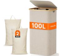 Lifewit 100L Laundry Basket with Lid 2 Compartments, Large Washing Basket with Removable Laundry Bags and Bamboo Handles, Clothes Hampers for Laundry, Bathroom, Bedroom, Dorm, Beige