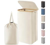 Lifewit 100L Laundry Basket with Lid, Dirty Clothes Bin with Bamboo Handles and A Removable Bag, Large Foldable Washing Basket for Bedroom, Bathroom, Dorm, Laundry Room, Cream White