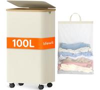 Lifewit 100L Laundry Basket with Lid, Large Foldable Washing Basket for Laundry with Wheels, Clothes Storage Bins with Bamboo Handles and Removable Bag for Bedroom, Bathroom, Dorm, White