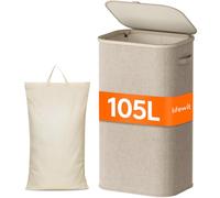 Lifewit 105L Laundry Basket with Lid, Large Laundry Hamper with Plastic Handles and Removable Bag, Foldable Tall Dirty Clothes Hampers for Laundry for Laundry Room, Bedroom, Bathroom, Dorm, Beige
