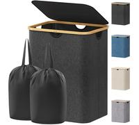 Lifewit 120L Double Laundry Basket with Lid, 2 Removable Bags, Dark Grey | Large Foldable Washing Basket with Bamboo Handles, Dirty Clothes Bin for Bedroom, Bathroom, Dorm and Laundry Room