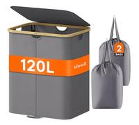 Lifewit 120L Laundry Basket with Lid, Clothes Hampers for Laundry with Bamboo Handles and Removable Laundry Bags, Large Foldable Laundry Hamper for Bedroom, Bathroom, Dorm, Laundry Room, Grey