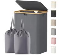 Lifewit 150L Double Laundry Basket with Lid, 2 Removable Bags, Grey | Large Foldable Washing Basket with Bamboo Handles, Dirty Clothes Bin for Bedroom, Bathroom, Dorm and Laundry Room