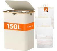 Lifewit 150L Laundry Basket with Lid 3 Compartments, Large Washing Basket with Removable Laundry Bags and Bamboo Handles, Clothes Hampers for Laundry, Bathroom, Bedroom, Dorm, Cream White