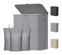 Lifewit 165L Laundry Basket with Lid, 3 Section Washing Basket with Handles and Bag, Large Foldable Dirty Clothes Organiser with Plastic Frame for Laundry Room, Bedroom, Bathroom, Light Gray
