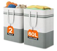 Lifewit 2 Pack Laundry Basket 80L, Freestanding Washing Bastet for Laundry, Collapsible Tall Dirty Clothes Basket Fabric Laundry Hamper with Handles For Bathroom Bedroom Dorm, Grey and White
