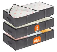 Lifewit 3 Pack 95L Under Bed Storage, Underbed Storage Boxes with lid Clothes Storage Bag Wardrobe Storage Organiser with Reinforced Handle, PVC Window for Duvet, Blanket, Clothing, Shoes, Grey