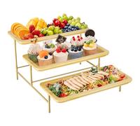 Lifewit 3 Tier Bamboo Serving Tray for Party Supplies, 36 x 17 cm/14" x 6.5" Platters for Serving Food, Reusable Trays with Gold Metal Display Stand for Veggie, Fruit, Cookies, Dessert