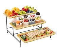 Lifewit 3 Tier Bamboo Serving Tray for Party Supplies, 36 x 17 cm/14" x 6.5" Platters for Serving Food, Reusable Trays with Black Metal Display Stand for Veggie, Fruit, Cookies, Dessert