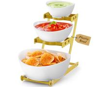 Lifewit 3 Tier Plastic Serving Bowls with Metal Stand, Chips and Dip Serving Tray Set for Entertaining Party, Crack-Proof Serving Platters for Fruit/Salad/Snack/Dessert Appetizer/Candy, Gold