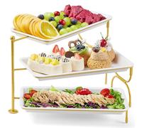 Lifewit 3 Tier Serving Tray, 12"×6.5" Plastic Server Platters, Reusable Food Trays with Metal Display Stand for Buffets, Cake, Snack, Veggie, Fruit, Cookies, Dessert, Dishes, Party Supplies, Gold