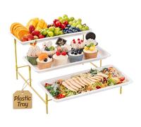 Lifewit 3 Tier Serving Tray, 14 x 6.5" Plastic Platters for Parties, White Reusable Trays with Gold Metal Display Stand for Afternoon Tea, Buffets, Cake, Snack, Veggie, Fruit, Cookies, Dessert