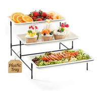 Lifewit 3 Tier Serving Tray for Party Supplies, 12 x 6.5" Plastic Platters for Food, White Reusable Trays with Black Metal Display Stand for Buffets, Cake, Snack, Veggie, Fruit, Cookies, Dessert