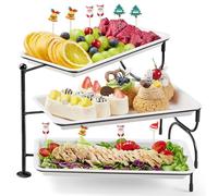 Lifewit 3 Tier Serving Tray for Party Supplies, 12 x 6.5" Plastic Platters for Food, White Rotating Trays with Black Metal Display Stand for Buffets, Cake, Snack, Veggie, Fruit, Cookies, Dessert
