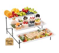 Lifewit 3 Tier Serving Tray for Party Supplies, 14 x 6.5" Plastic Platters for Food, White Reusable Trays with Black Metal Display Stand for Buffets, Cake, Snack, Veggie, Fruit, Cookies, Dessert