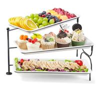 Lifewit 3 Tier Serving Tray for Party Supplies, 14 x 6.5" Plastic Platters for Food, White Rotating Trays with Black Metal Display Stand for Buffets, Cake, Snack, Veggie, Fruit, Cookies, Dessert