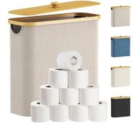 Lifewit 30L Toilet Roll Storage, Bathroom Storage Box Holder Stand with Lid, Bamboo Multifunctional Toilet Paper Basket Cabinet with Handle, Beige
