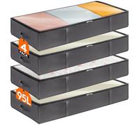 Lifewit 4 Pack 95L Under Bed Storage, Underbed Storage Boxes with lid Clothes Storage Bag Wardrobe Storage Organiser with Reinforced Handle, PVC Window for Duvet, Blanket, Clothing, Shoes, Grey