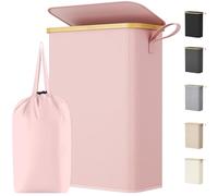 Lifewit 50L Slim Laundry Basket with Lid, Narrow Laundry Bin with Removable Bag & Bamboo Handles, Foldable Thin Dirty Clothes Hamper for Laundry, Bathroom, Bedroom, Dorm (Pink)