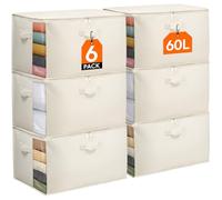 Lifewit 60L Clothing Storage Bags with Lid, Comforter Storage Container for Blanket Sheet Bedding with Reinforced Handle Thick Cotton Fabric Clear Window Closet Storage Container, 6 Pack, Beige